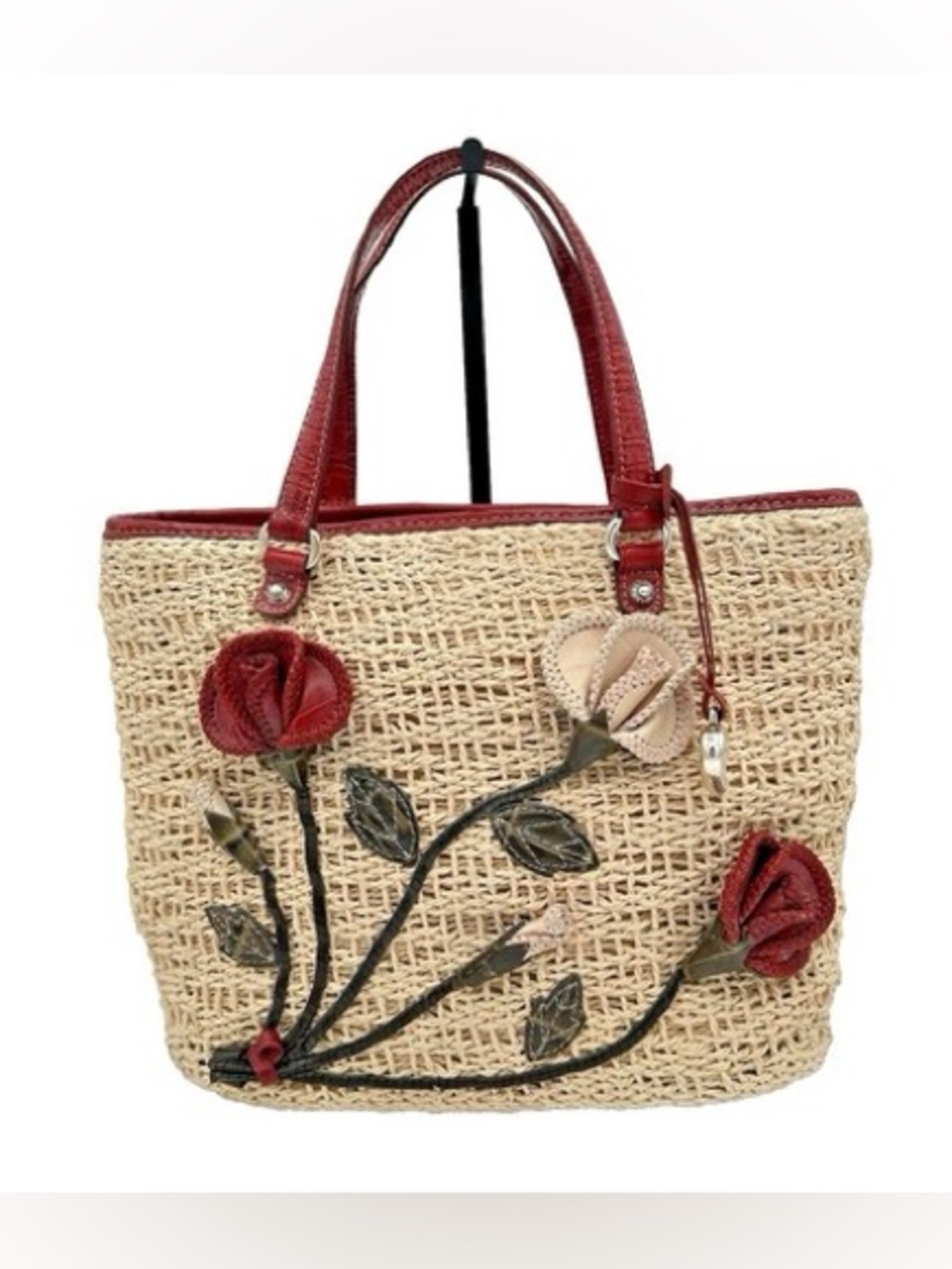 BRIGHTON Beverly Straw Floral Handbag/Tote Deep Red Leather Bag Heart Detail